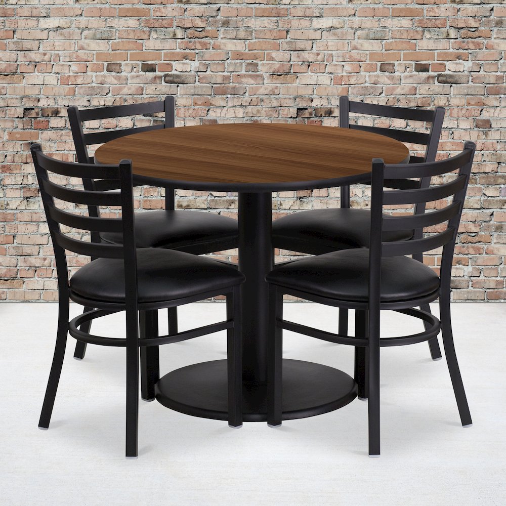36'' Walnut Table Set with Base and 4 Metal Chairs - Black Vinyl Seat. Picture 2