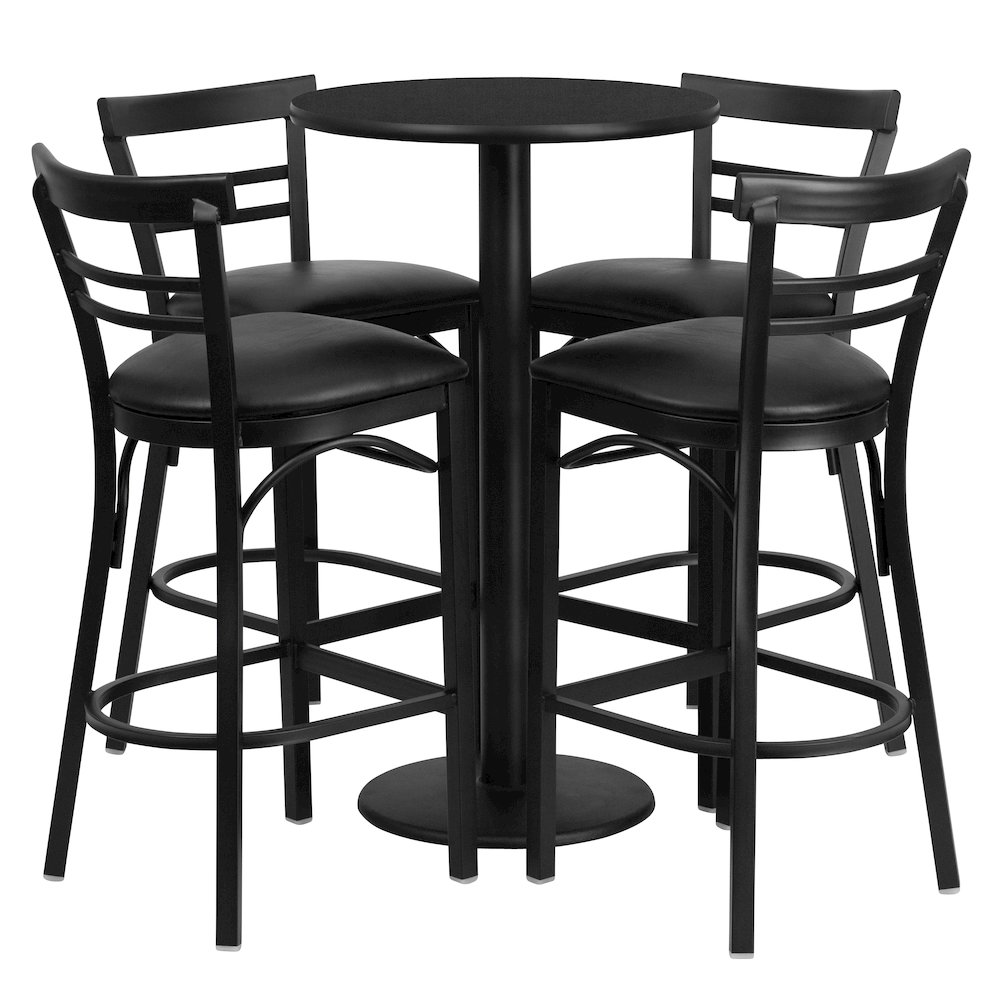 24'' Round Black Laminate Table Set with Round Base and 4 Two-Slat Ladder Back Metal Barstools - Black Vinyl Seat. Picture 1