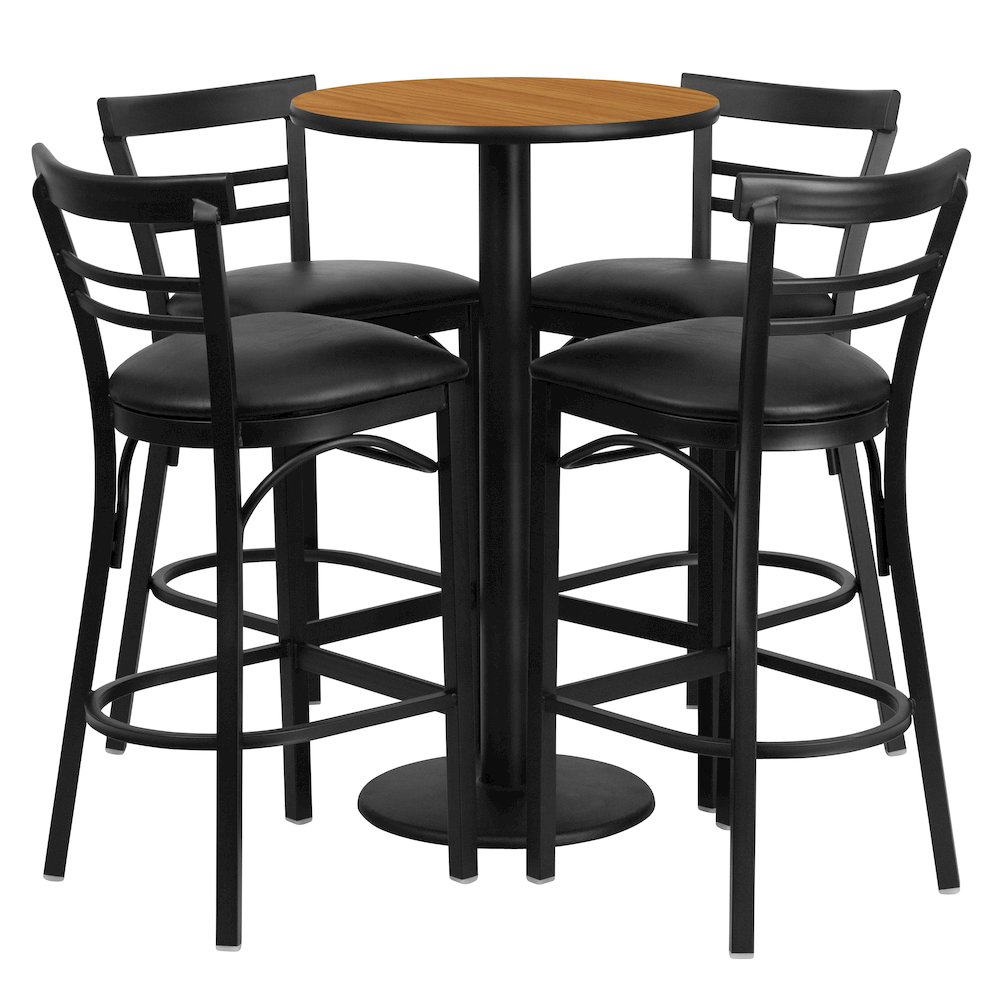 24'' Natural Table Set with 4 Two-Slat Metal Barstools - Black Vinyl Seat. Picture 1