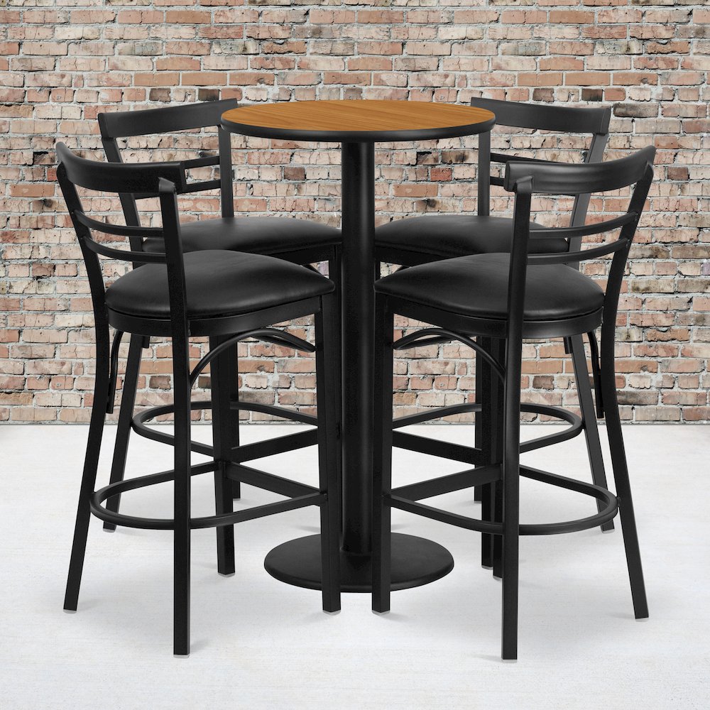 24'' Natural Table Set with 4 Two-Slat Metal Barstools - Black Vinyl Seat. Picture 2