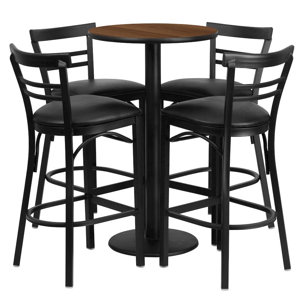 24'' Walnut Table Set with 4 Two-Slat Metal Barstools - Black Vinyl Seat. Picture 1
