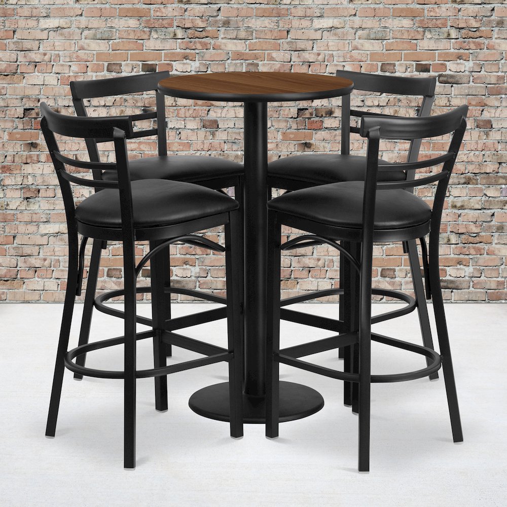 24'' Walnut Table Set with 4 Two-Slat Metal Barstools - Black Vinyl Seat. Picture 2
