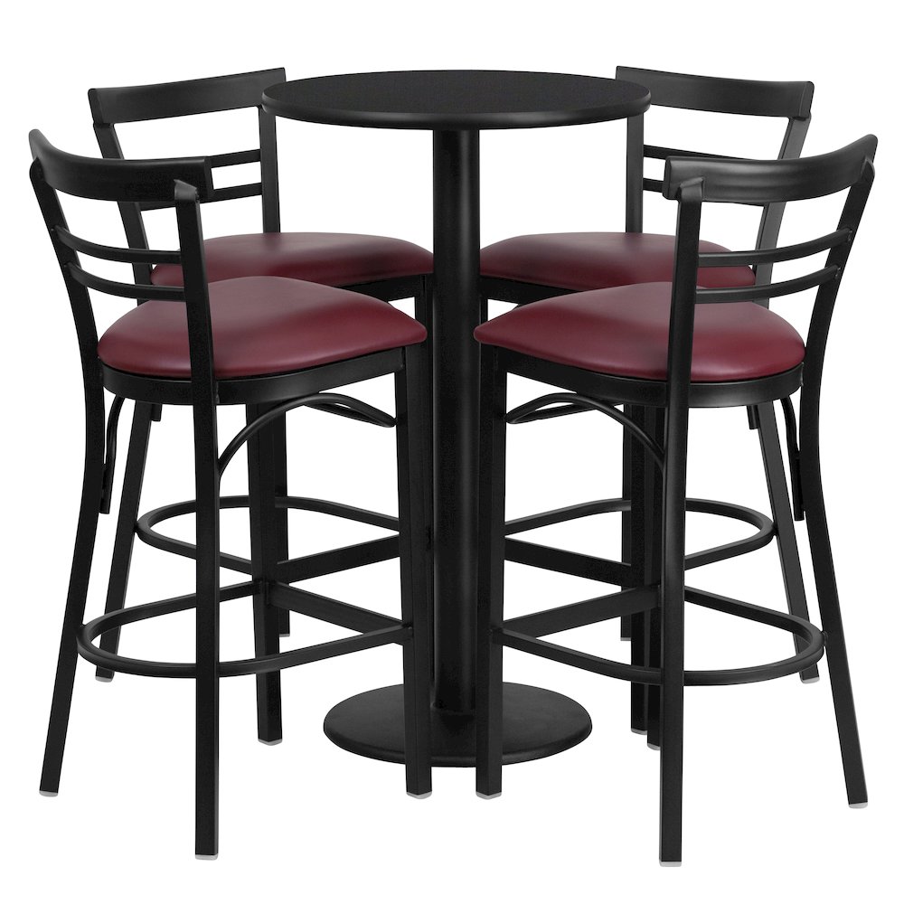 24'' Round Black Laminate Table Set with Round Base and 4 Two-Slat Ladder Back Metal Barstools - Burgundy Vinyl Seat. Picture 1