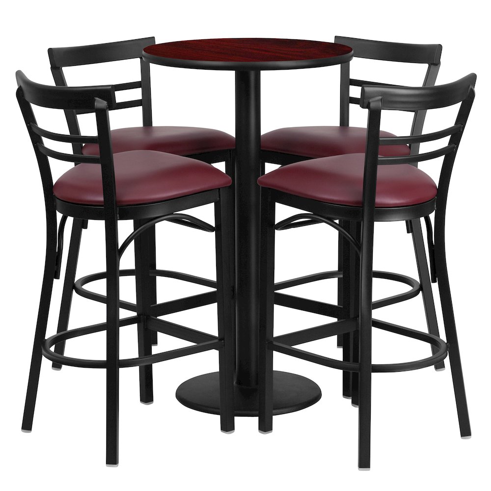 24'' Mahogany Table Set with 4 Two-Slat Metal Barstools - Burgundy Vinyl Seat. Picture 1