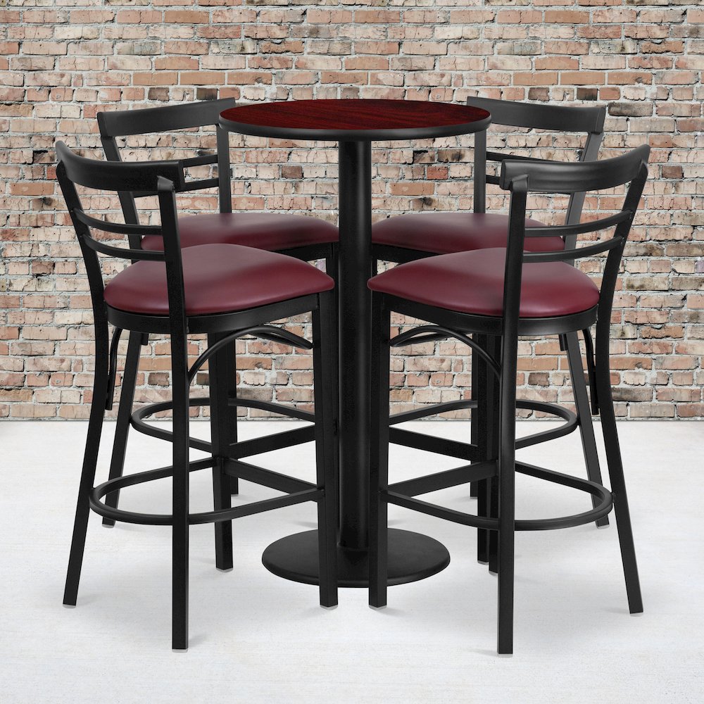 24'' Mahogany Table Set with 4 Two-Slat Metal Barstools - Burgundy Vinyl Seat. Picture 2