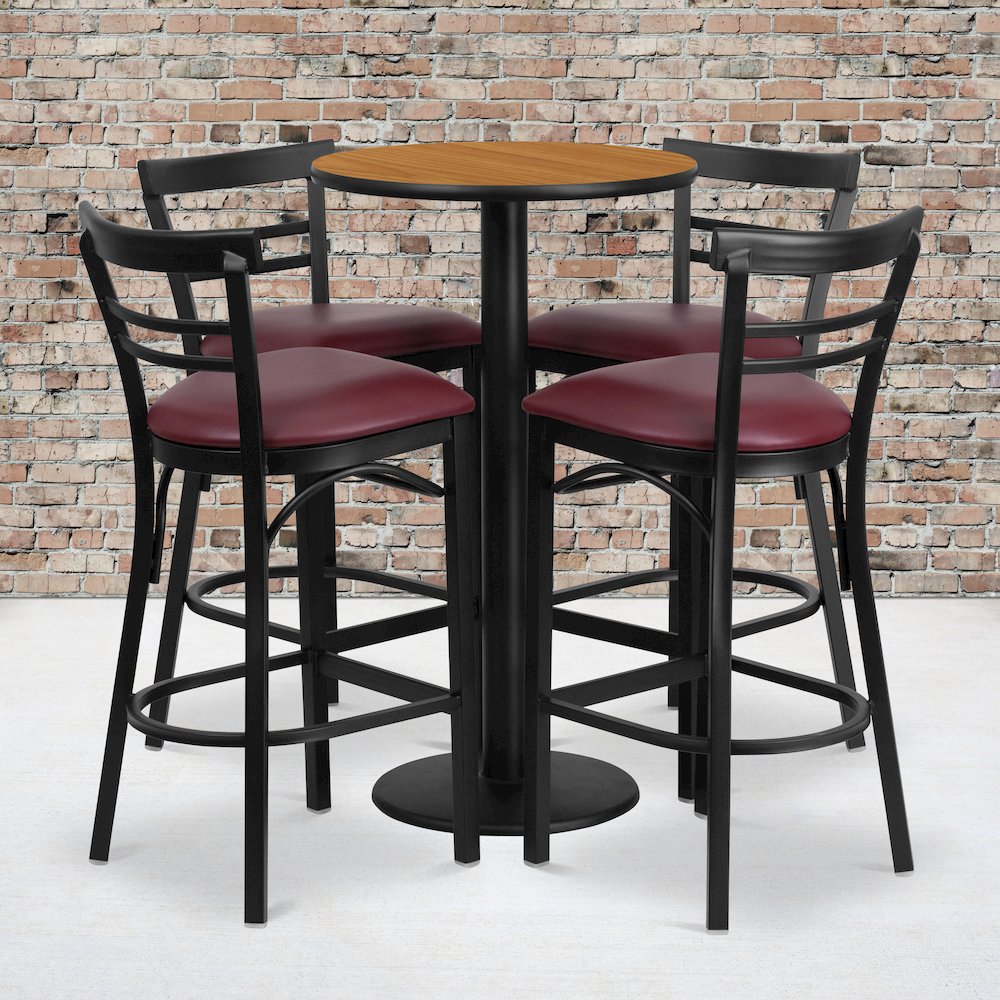 24'' Round Natural Laminate Table Set with Round Base and 4 Two-Slat Ladder Back Metal Barstools - Burgundy Vinyl Seat. Picture 2