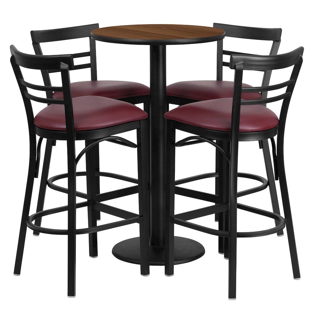 24'' Walnut Table Set with 4 Two-Slat Metal Barstools - Burgundy Vinyl Seat. Picture 1