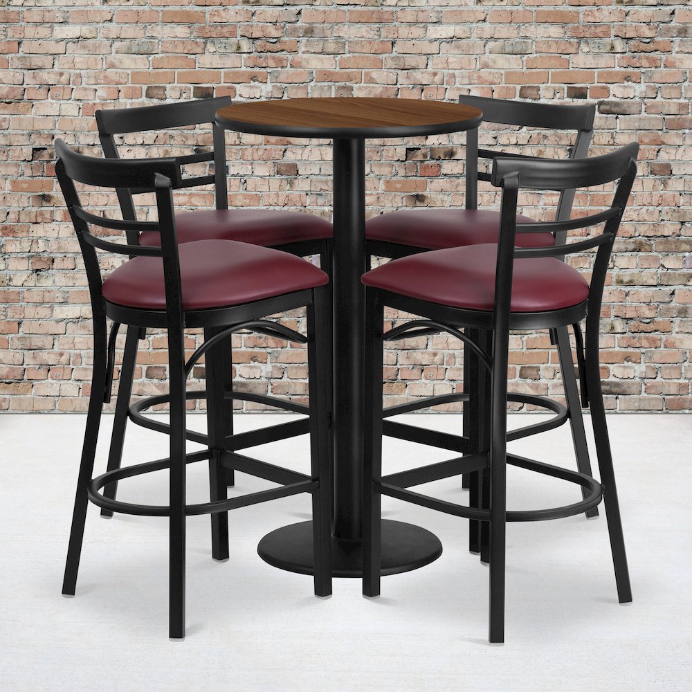 24'' Walnut Table Set with 4 Two-Slat Metal Barstools - Burgundy Vinyl Seat. Picture 2
