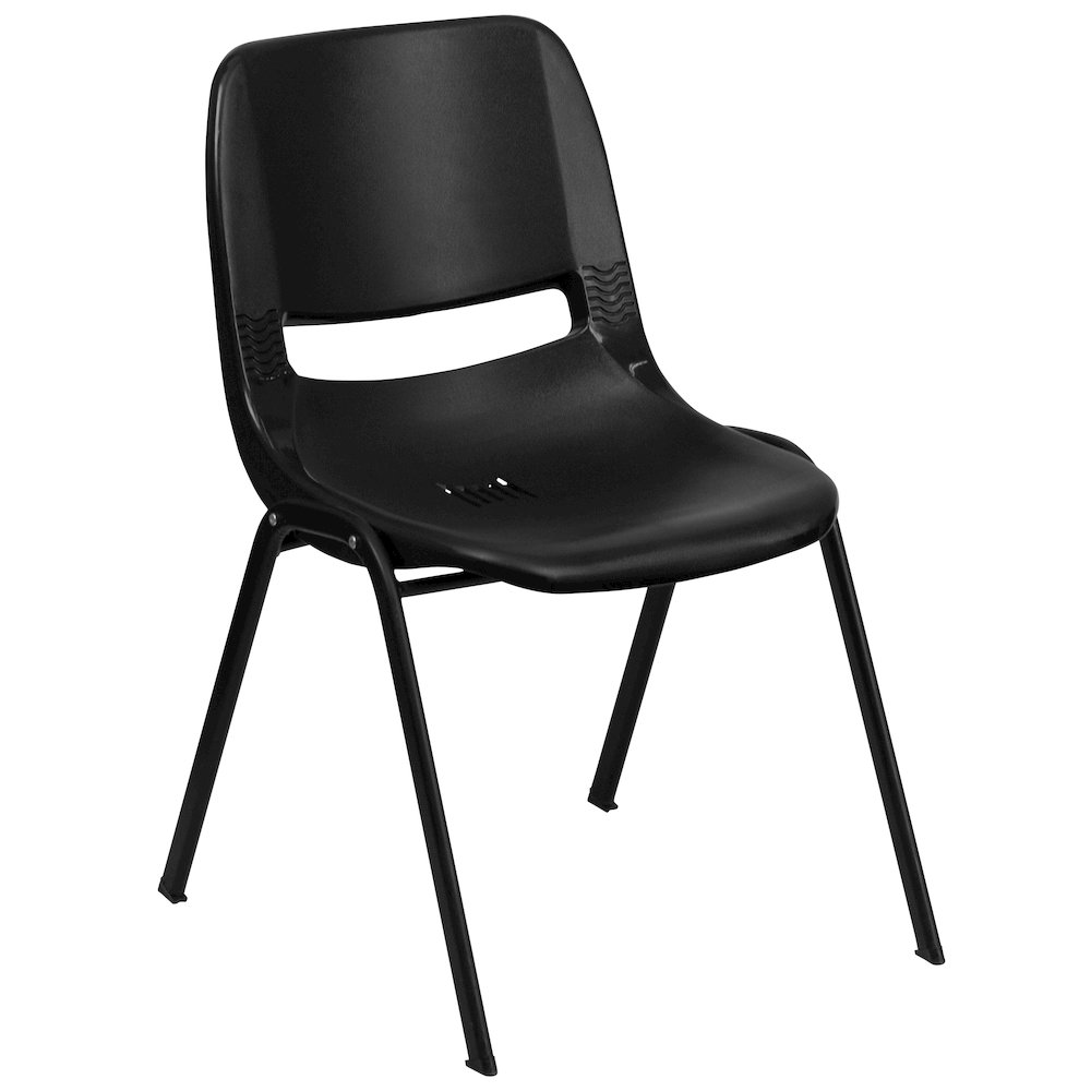 Kid's Black Shell Stack Chair with Black Frame and 12" Seat Height. Picture 1