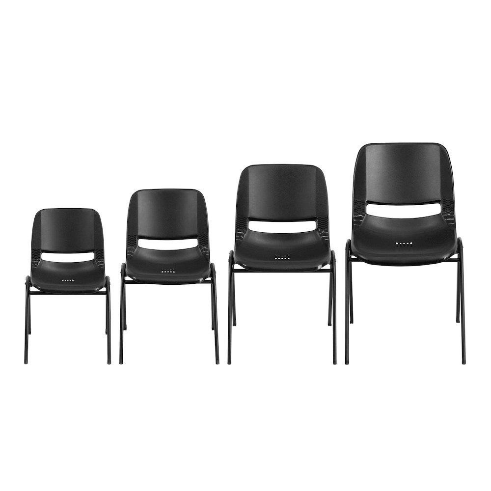 Kid's Black Shell Stack Chair with Black Frame and 12" Seat Height. Picture 8