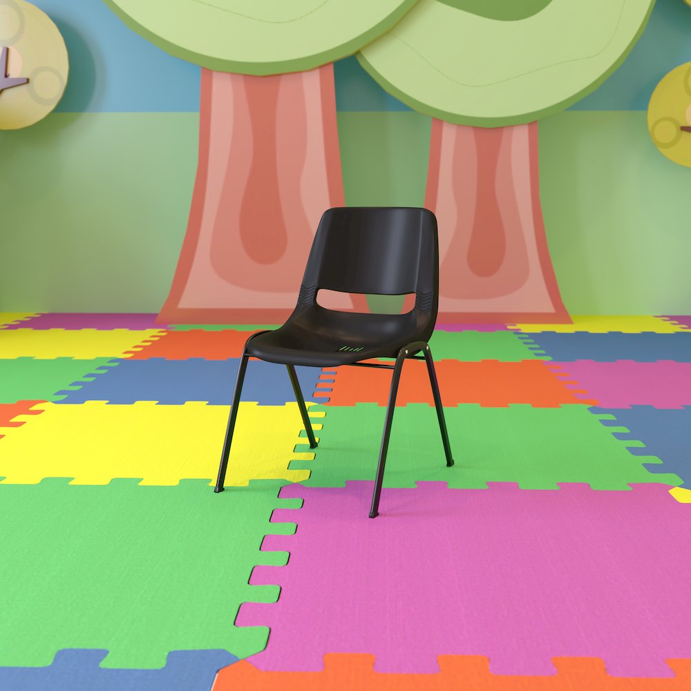 Kid's Black Shell Stack Chair with Black Frame and 12" Seat Height. Picture 2