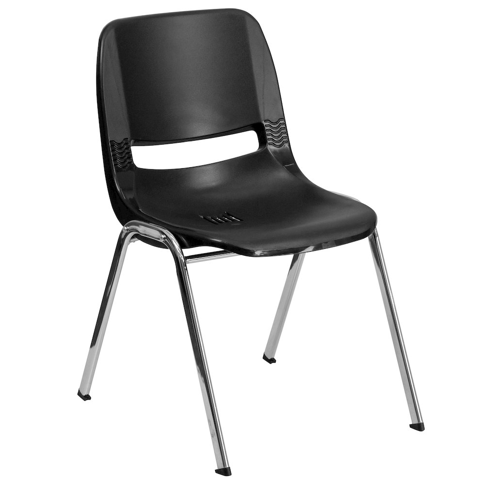 Kid's Black Shell Stack Chair with Chrome Frame and 14" Seat Height. Picture 1