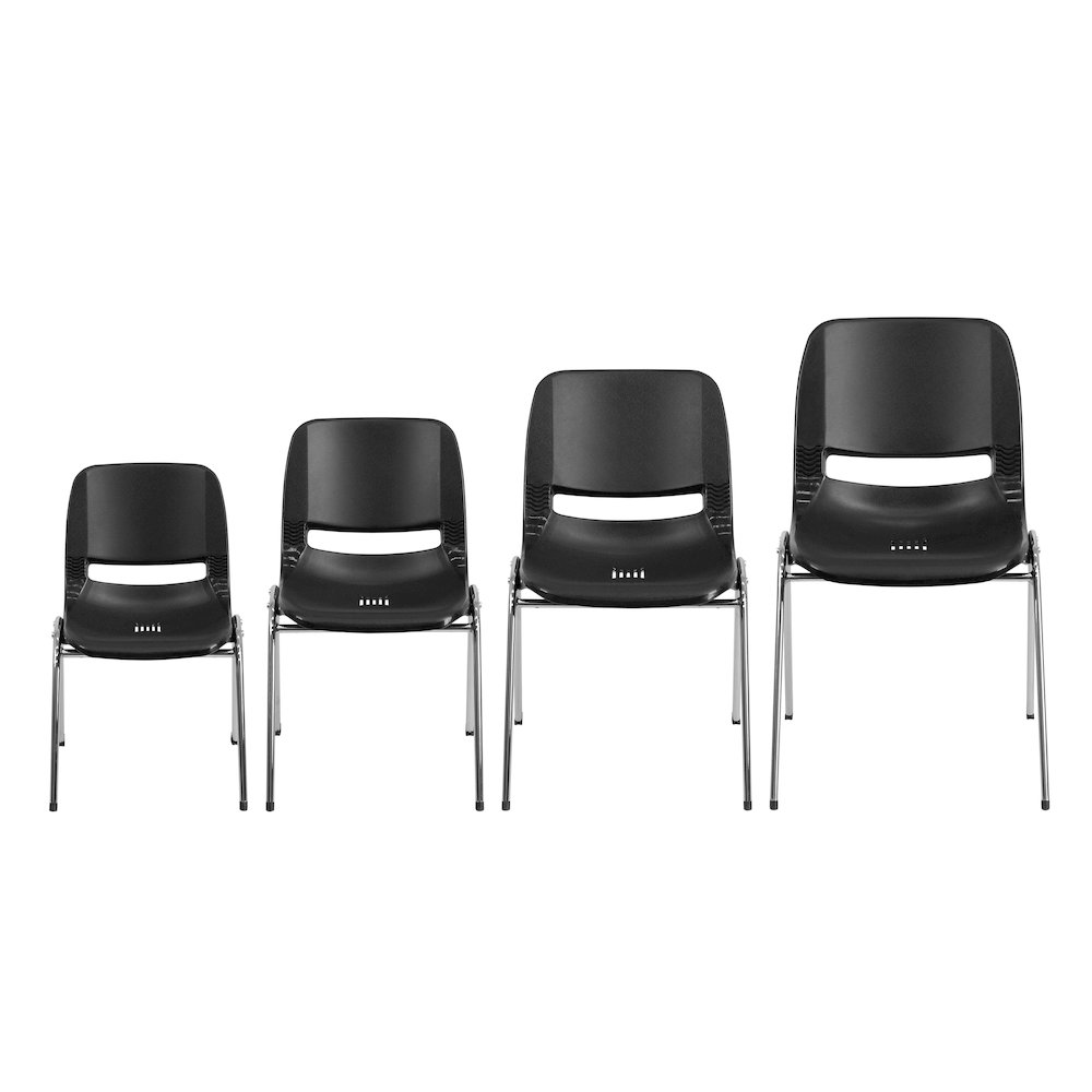 Kid's Black Shell Stack Chair with Chrome Frame and 14" Seat Height. Picture 8