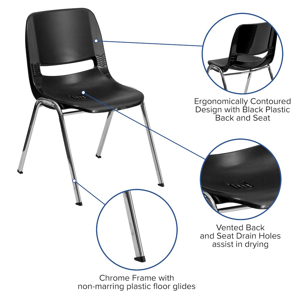 Kid's Black Shell Stack Chair with Chrome Frame and 14" Seat Height. Picture 5