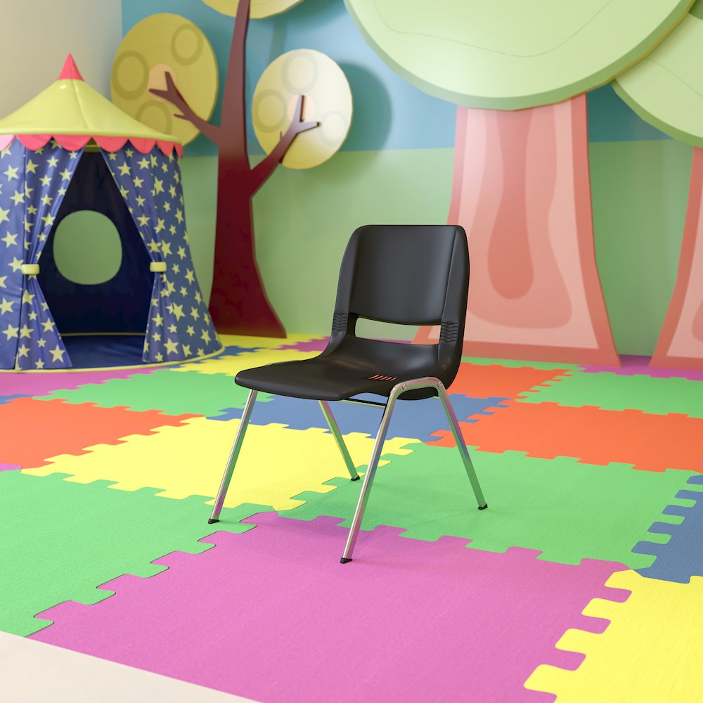 Kid's Black Shell Stack Chair with Chrome Frame and 14" Seat Height. Picture 2