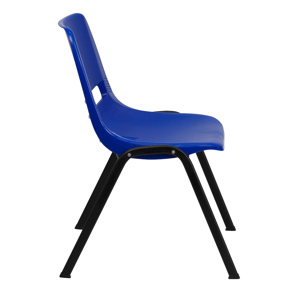 Kid's Navy Shell Stack Chair with Black Frame and 14" Seat Height. Picture 9