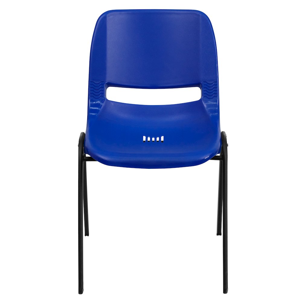 Kid's Navy Shell Stack Chair with Black Frame and 14" Seat Height. Picture 10