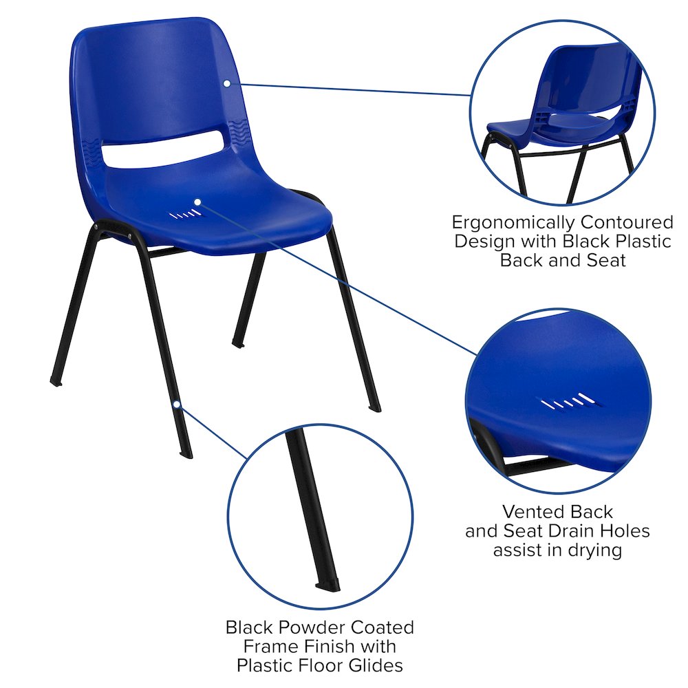 Kid's Navy Shell Stack Chair with Black Frame and 14" Seat Height. Picture 5