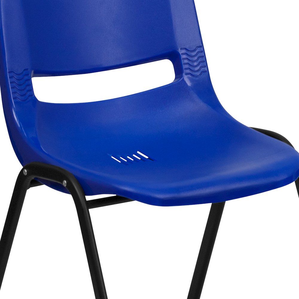 Kid's Navy Shell Stack Chair with Black Frame and 14" Seat Height. Picture 12
