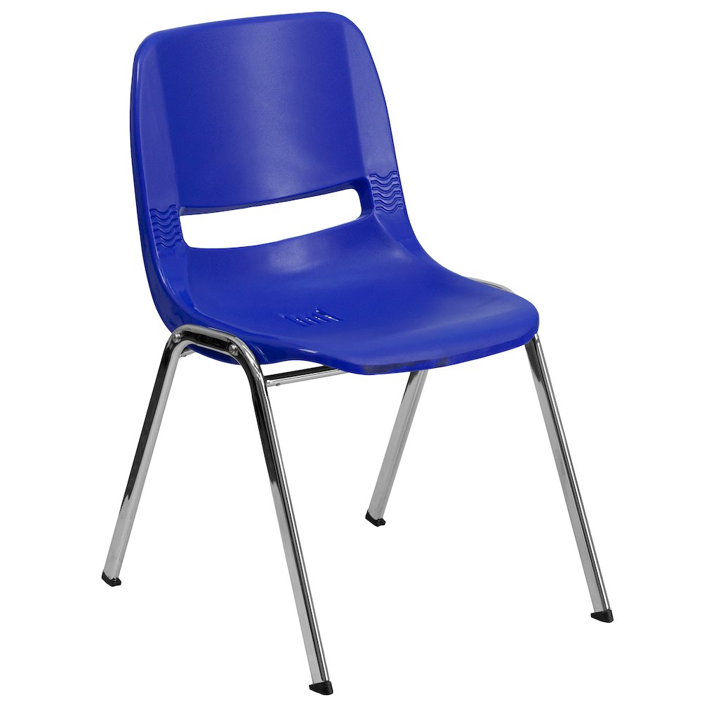 Kid's Navy Shell Stack Chair with Chrome Frame and 14" Seat Height. Picture 1