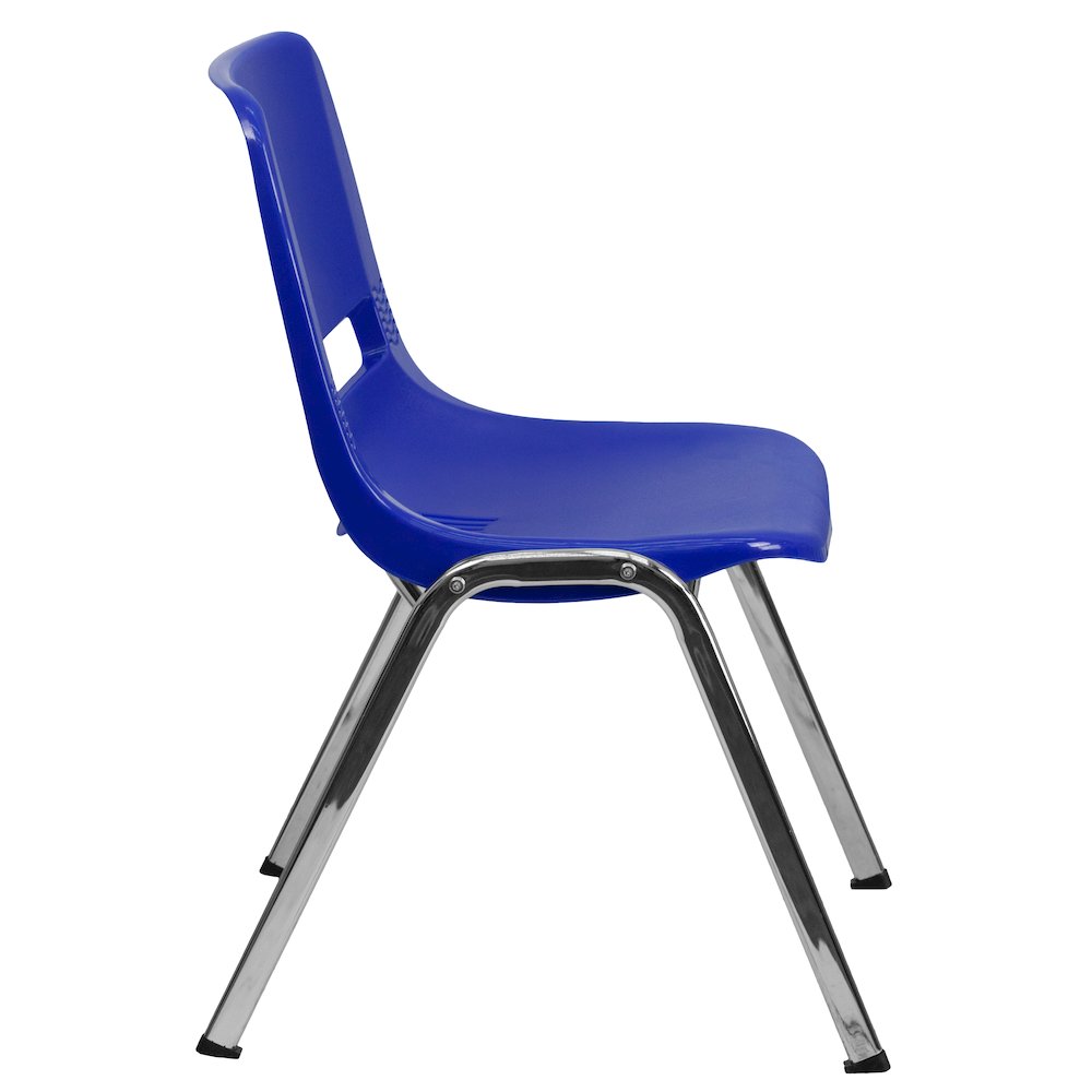 Kid's Navy Shell Stack Chair with Chrome Frame and 14" Seat Height. Picture 9