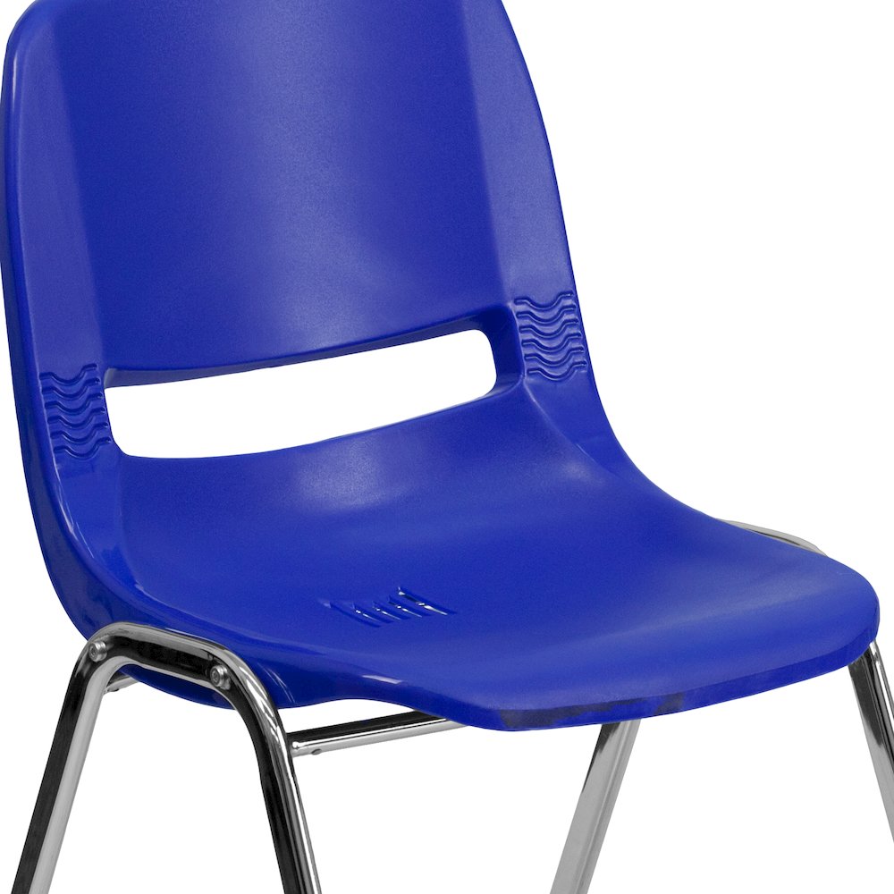 Kid's Navy Shell Stack Chair with Chrome Frame and 14" Seat Height. Picture 11