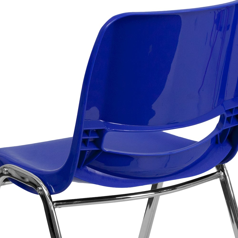 Kid's Navy Shell Stack Chair with Chrome Frame and 14" Seat Height. Picture 8