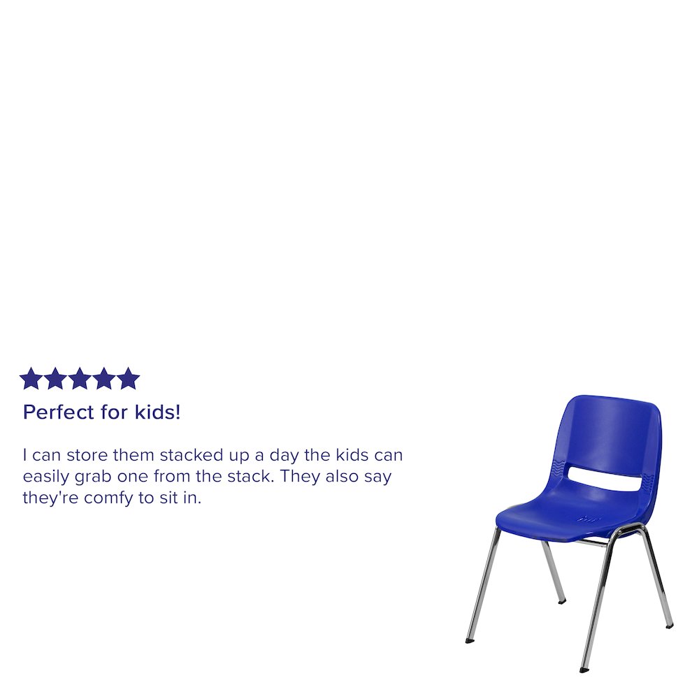 Kid's Navy Shell Stack Chair with Chrome Frame and 14" Seat Height. Picture 4