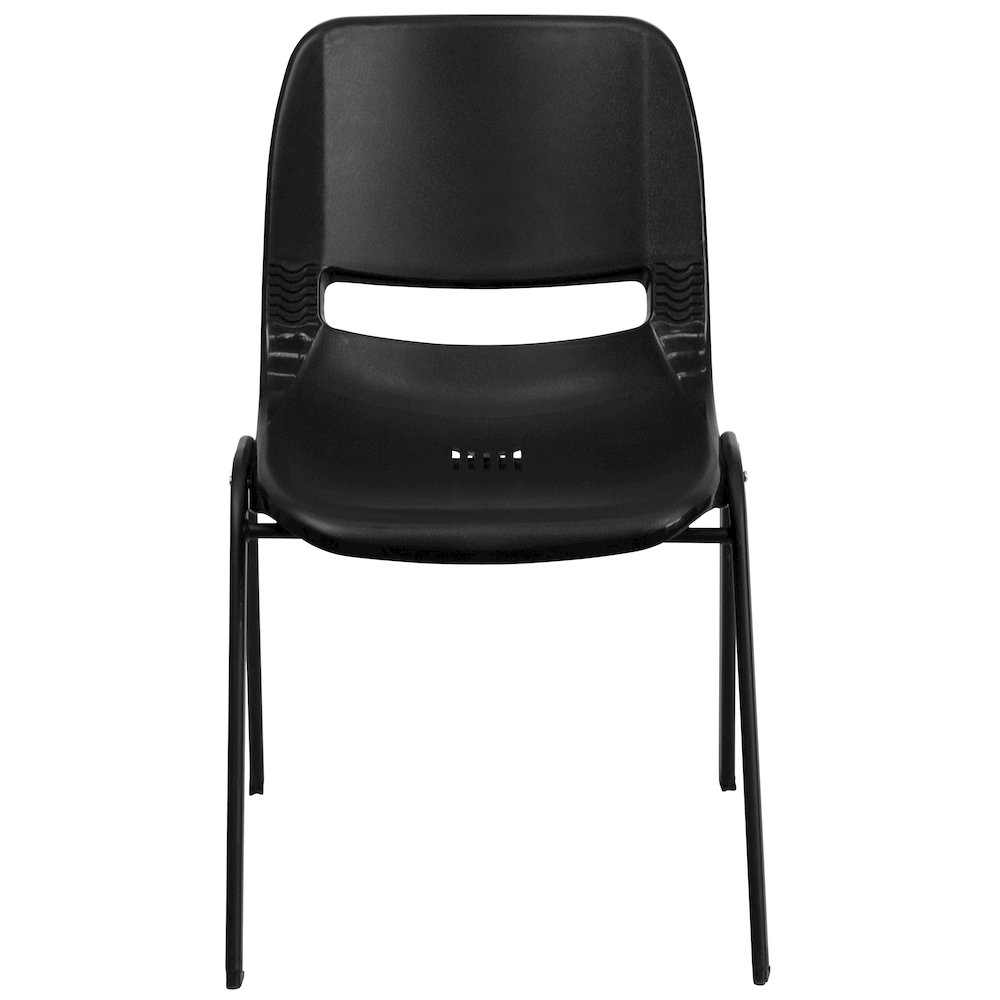 Kid's Black Shell Stack Chair with Black Frame and 14" Seat Height. Picture 10