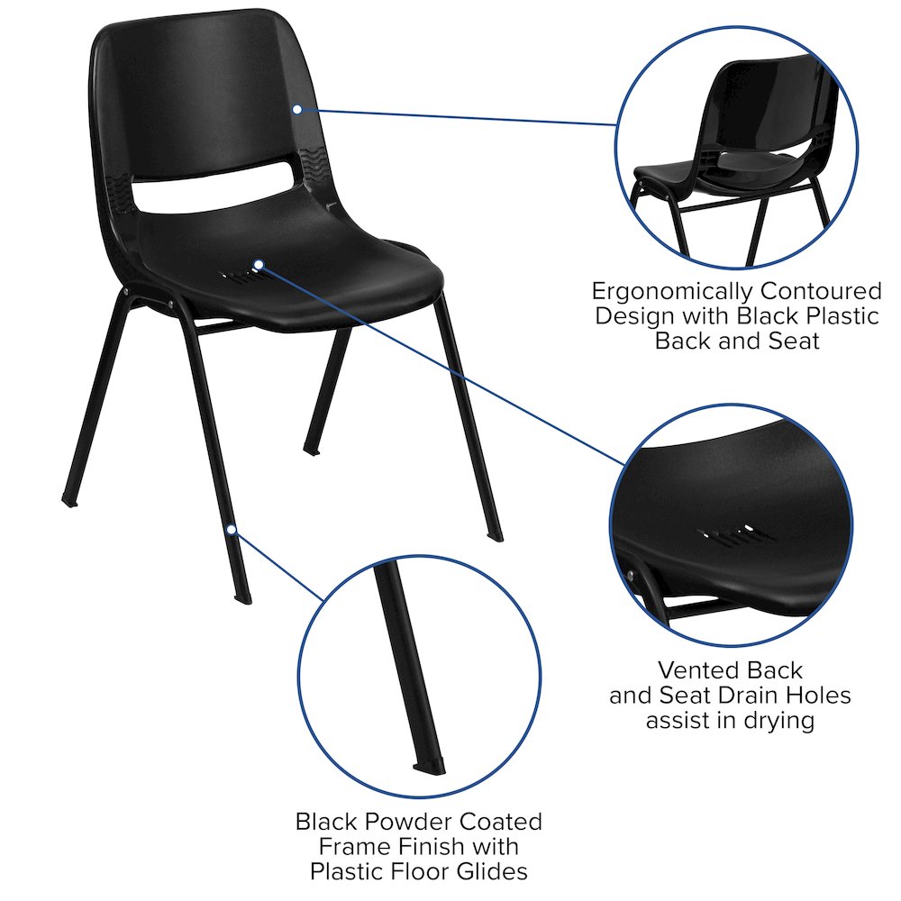 Kid's Black Shell Stack Chair with Black Frame and 14" Seat Height. Picture 5