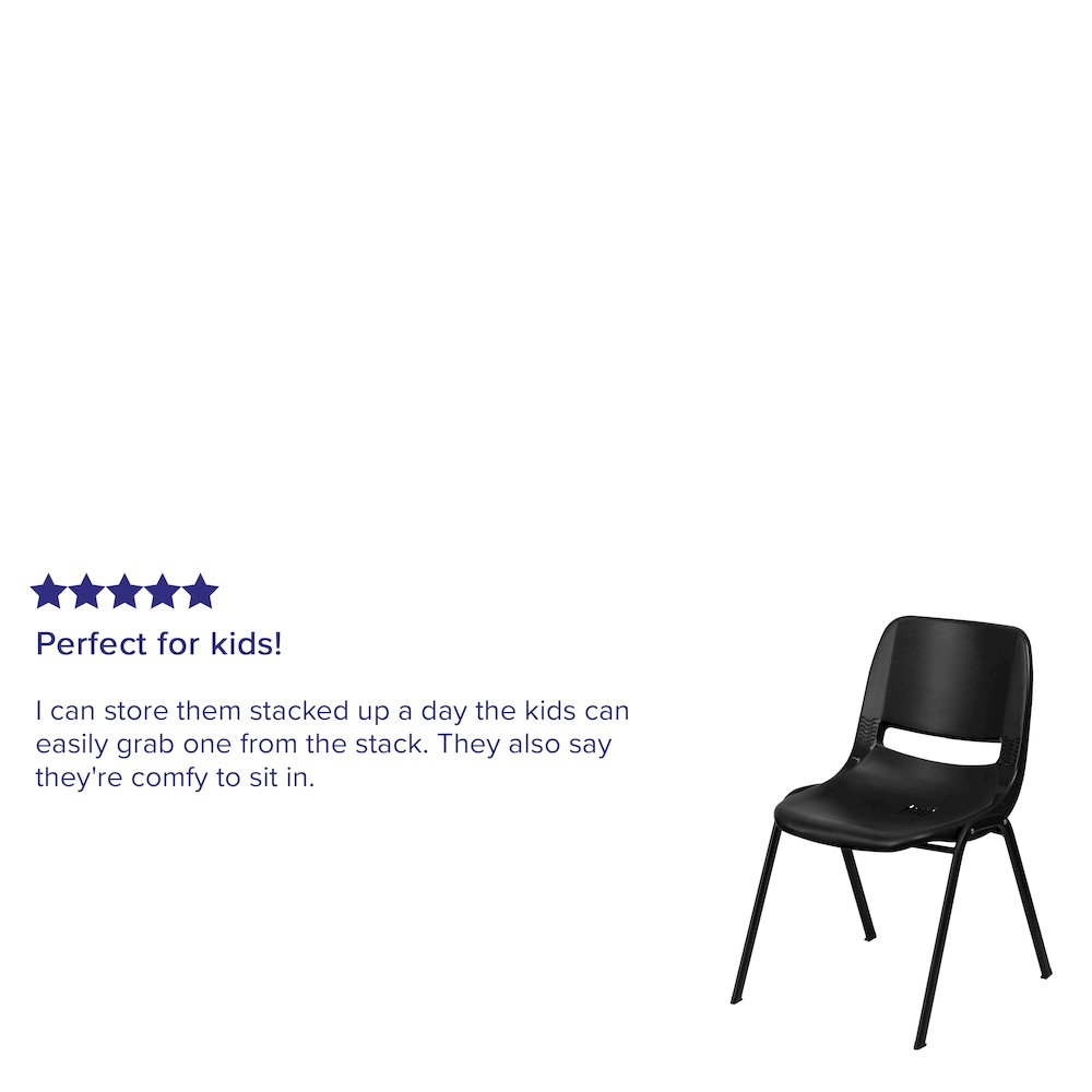 Kid's Black Shell Stack Chair with Black Frame and 14" Seat Height. Picture 4