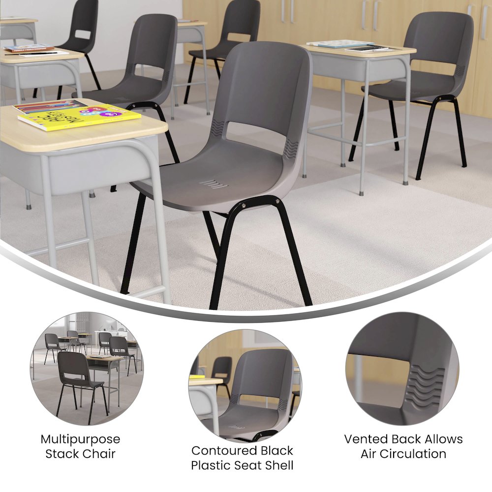 661 lb. Capacity Gray Shell Stack Chair with Black Frame and 16'' Seat Height. Picture 4