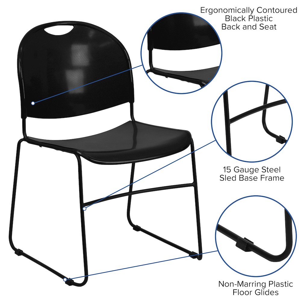 880 lb. Capacity Black Ultra-Compact Stack Chair with Black Powder Coated Frame. Picture 7