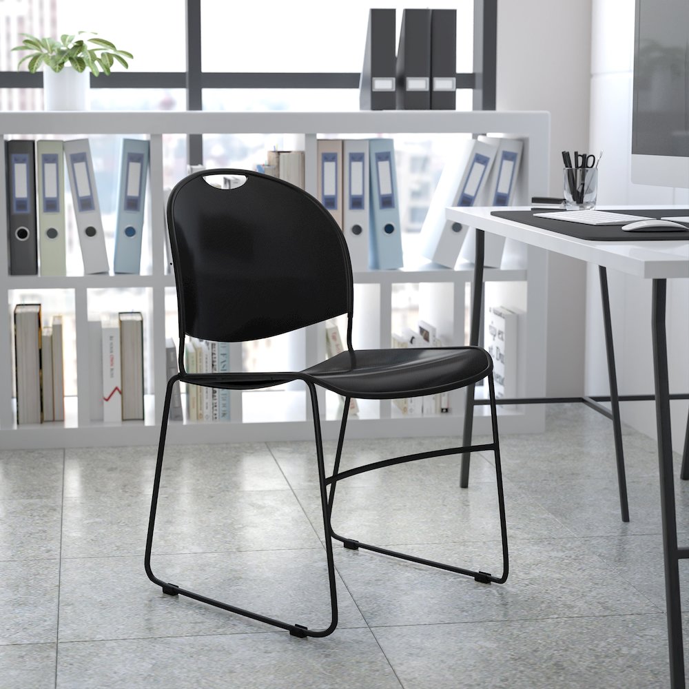 880 lb. Capacity Black Ultra-Compact Stack Chair with Black Powder Coated Frame. Picture 2