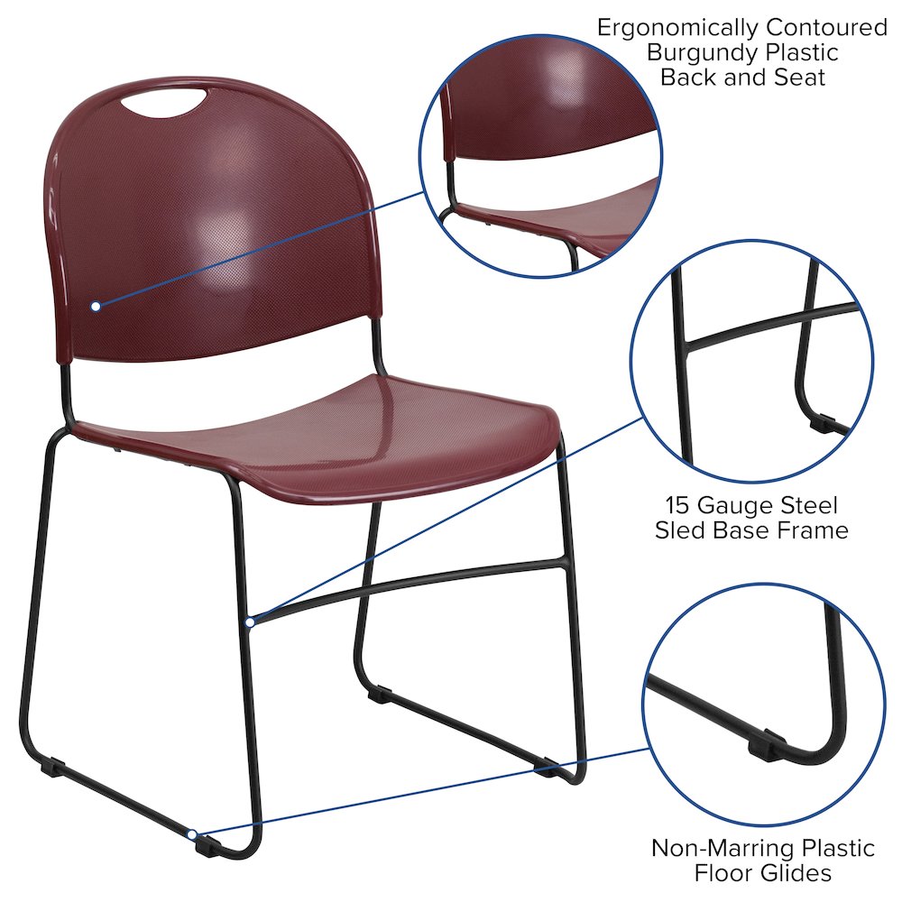 Burgundy Ultra-Compact Stack Chair with Black Powder Coated Frame. Picture 5