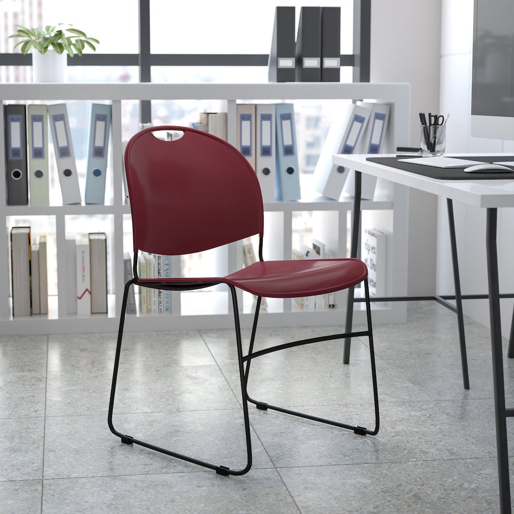 Burgundy Ultra-Compact Stack Chair with Black Powder Coated Frame. Picture 2