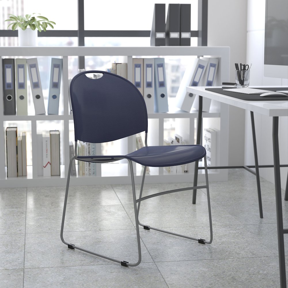 880 lb. Capacity Navy Ultra-Compact Stack Chair with Silver Powder Coated Frame. Picture 2