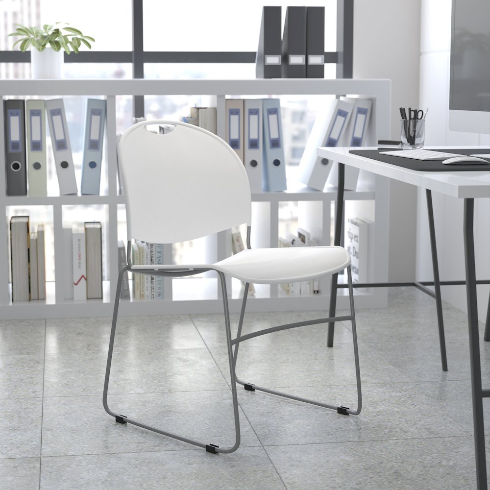 880 lb. Capacity White Ultra-Compact Stack Chair with Silver Powder Coated Frame. Picture 2