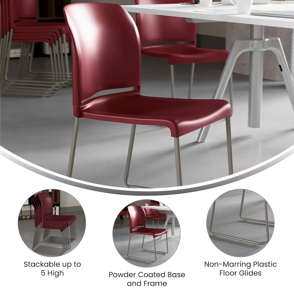 Burgundy Full Back Contoured Stack Chair with Gray Powder Coated Sled Base. Picture 4