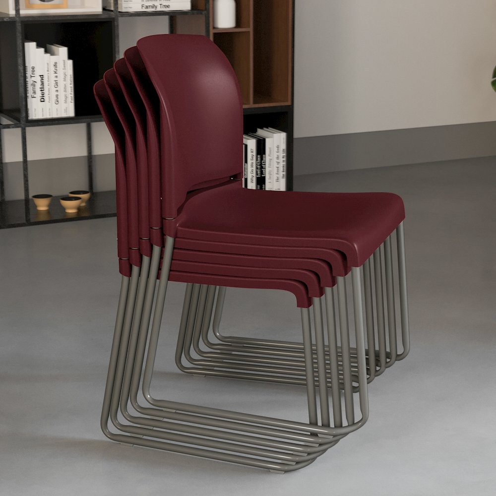 Burgundy Full Back Contoured Stack Chair with Gray Powder Coated Sled Base. Picture 7
