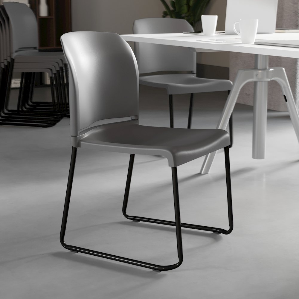 Gray Full Back Contoured Stack Chair with Black Powder Coated Sled Base. Picture 6
