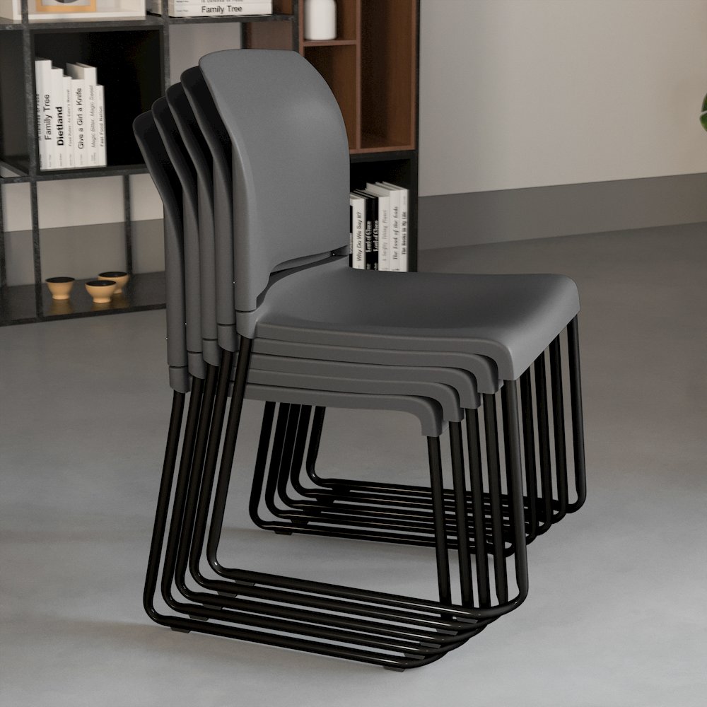 Gray Full Back Contoured Stack Chair with Black Powder Coated Sled Base. Picture 7