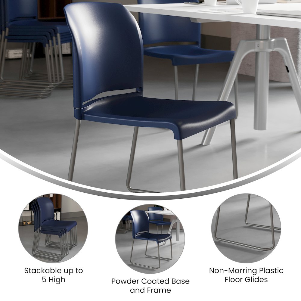 Navy Full Back Contoured Stack Chair with Gray Powder Coated Sled Base. Picture 4