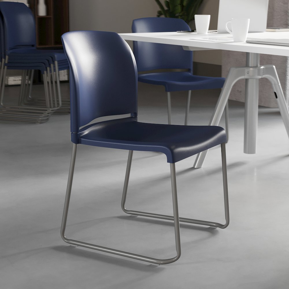 Navy Full Back Contoured Stack Chair with Gray Powder Coated Sled Base. Picture 6