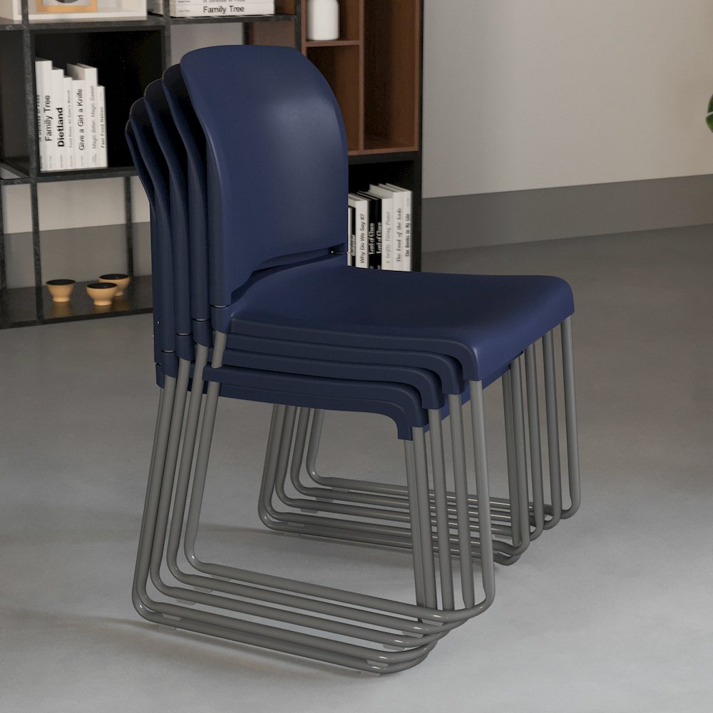 Navy Full Back Contoured Stack Chair with Gray Powder Coated Sled Base. Picture 7