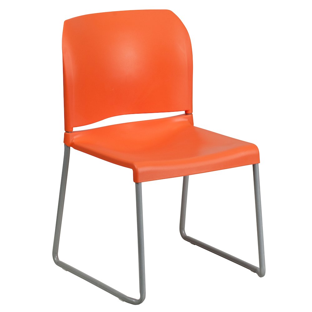 Orange Full Back Contoured Stack Chair with Gray Powder Coated Sled Base. Picture 1