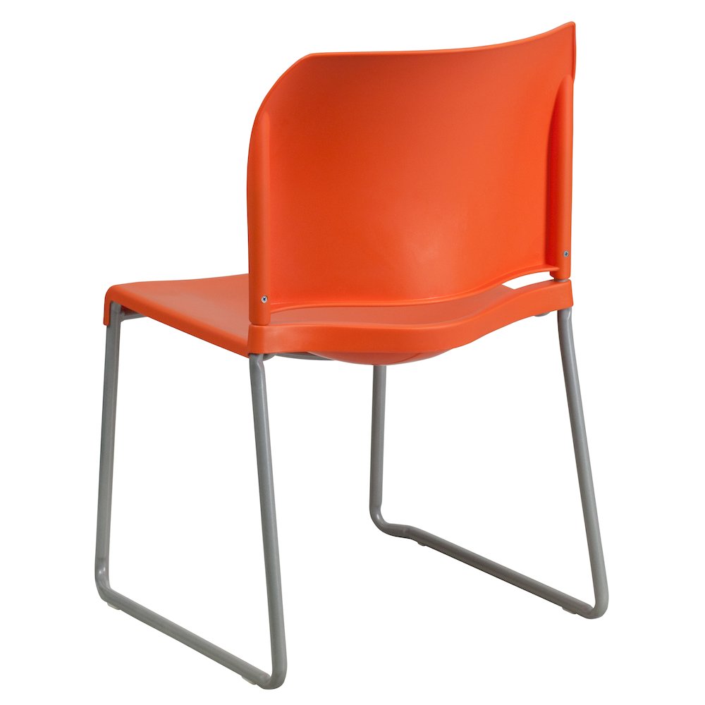 Orange Full Back Contoured Stack Chair with Gray Powder Coated Sled Base. Picture 8