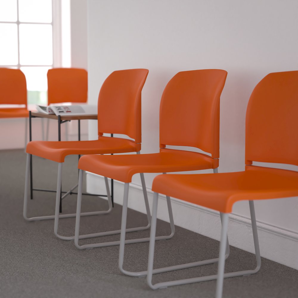 Orange Full Back Contoured Stack Chair with Gray Powder Coated Sled Base. Picture 2