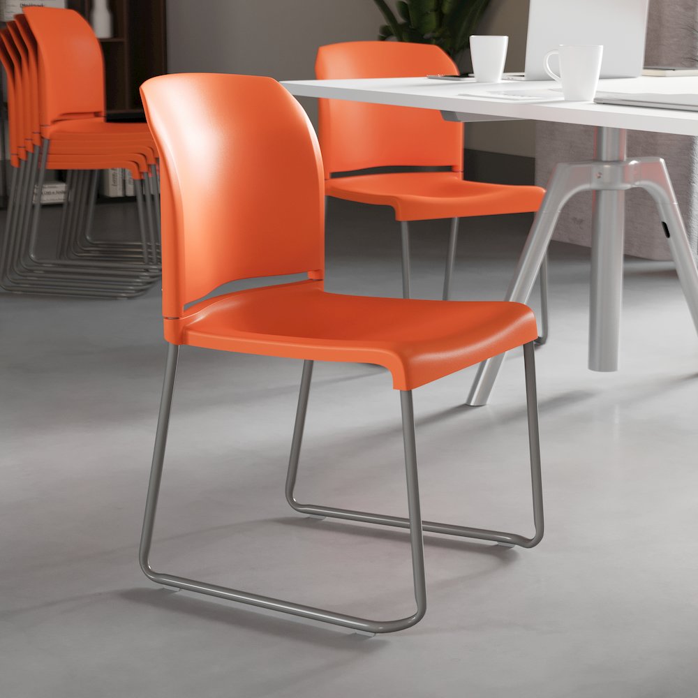 Orange Full Back Contoured Stack Chair with Gray Powder Coated Sled Base. Picture 6