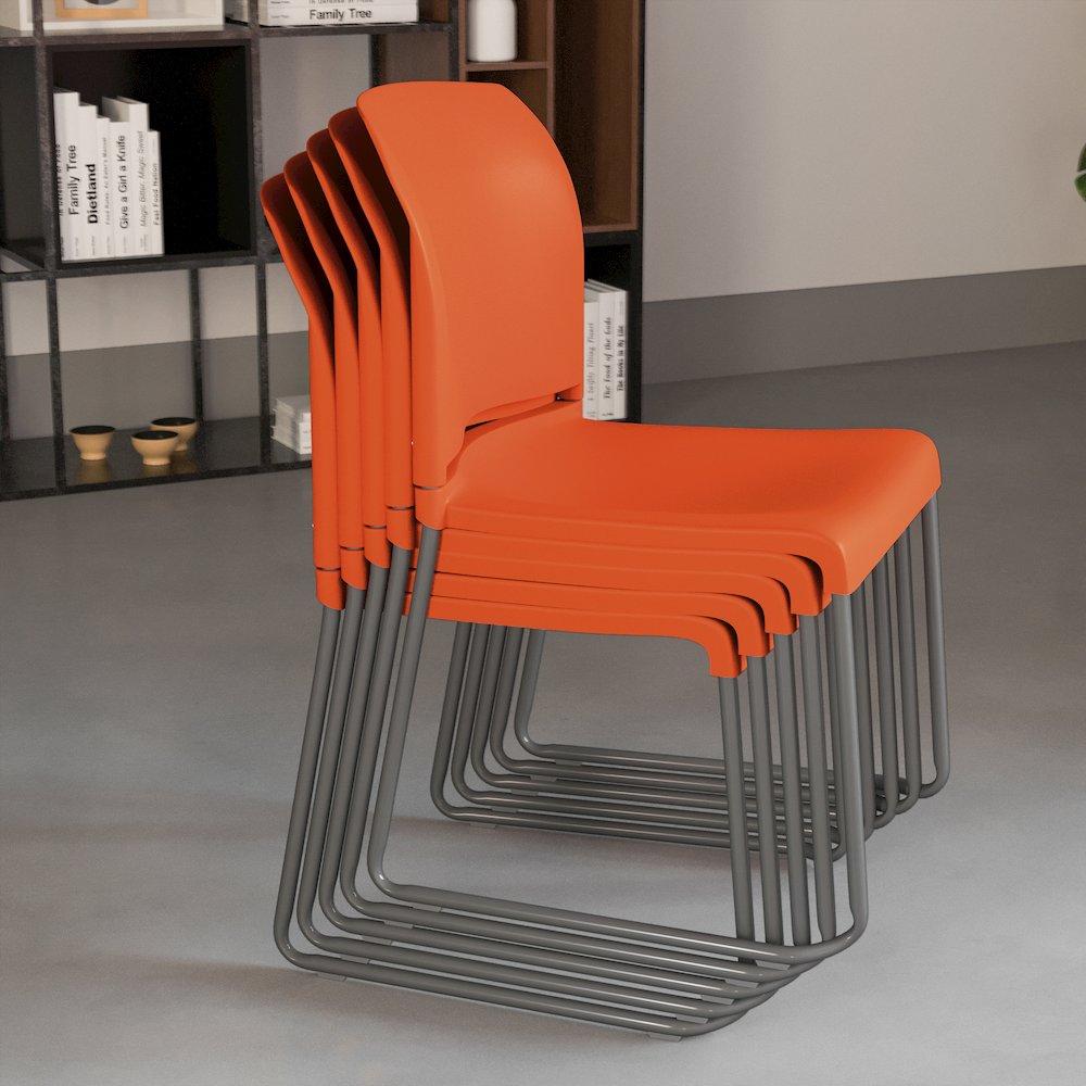 Orange Full Back Contoured Stack Chair with Gray Powder Coated Sled Base. Picture 7